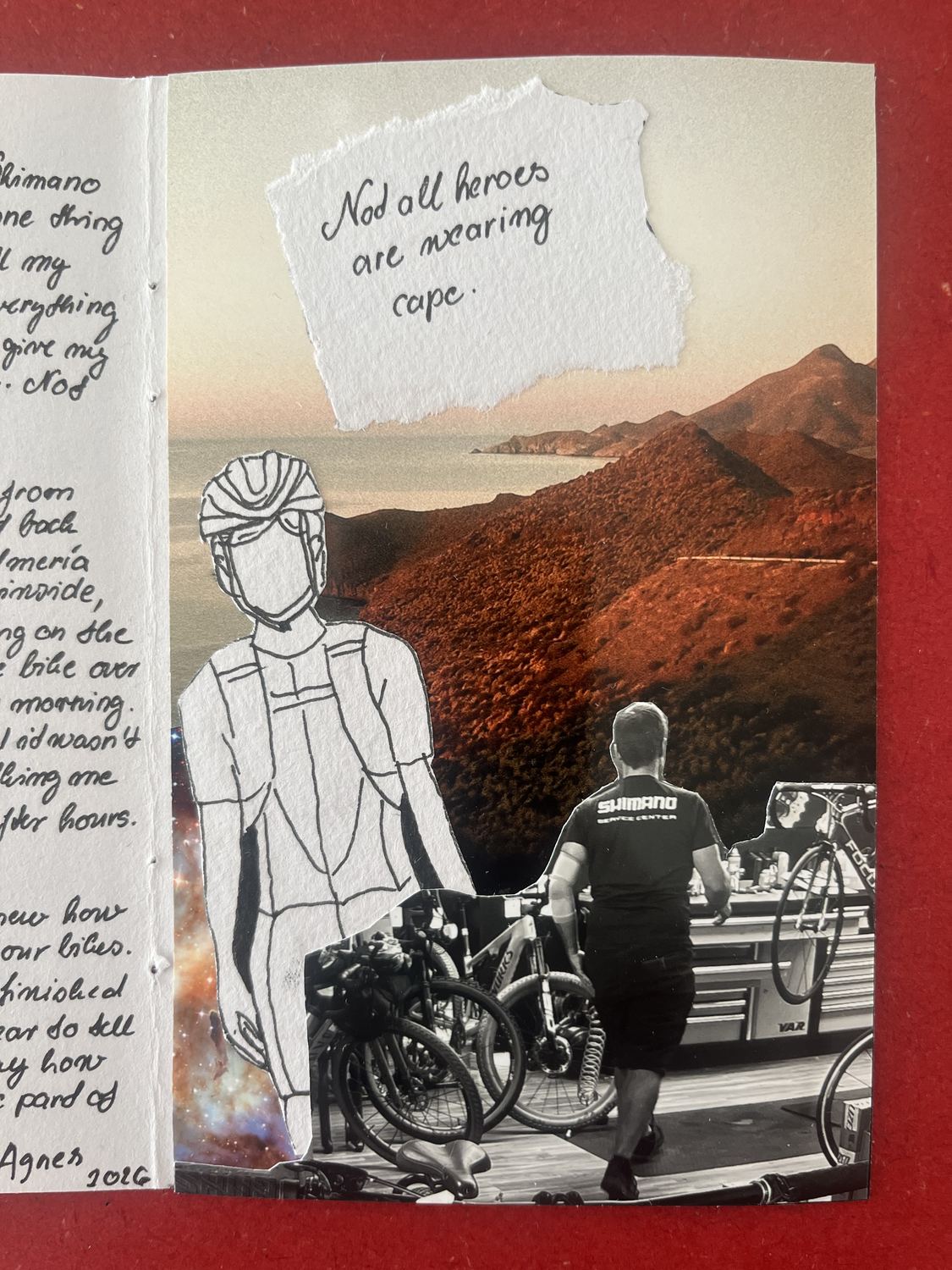 A handmade collage of a cyclist and a man beside a bike above the sea, captioned: Not all heroes are wearing capes.